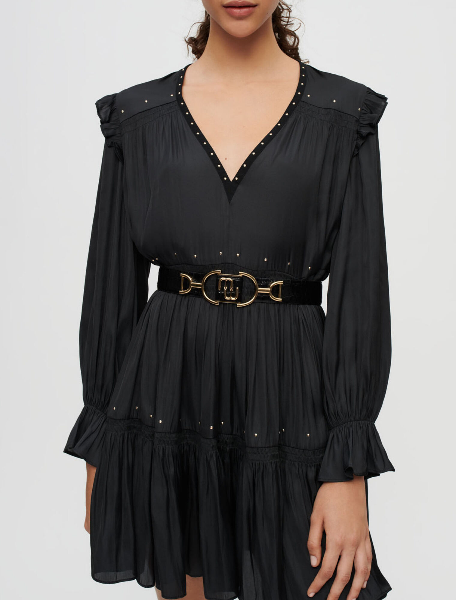 Black flowing satin dress, gold studs