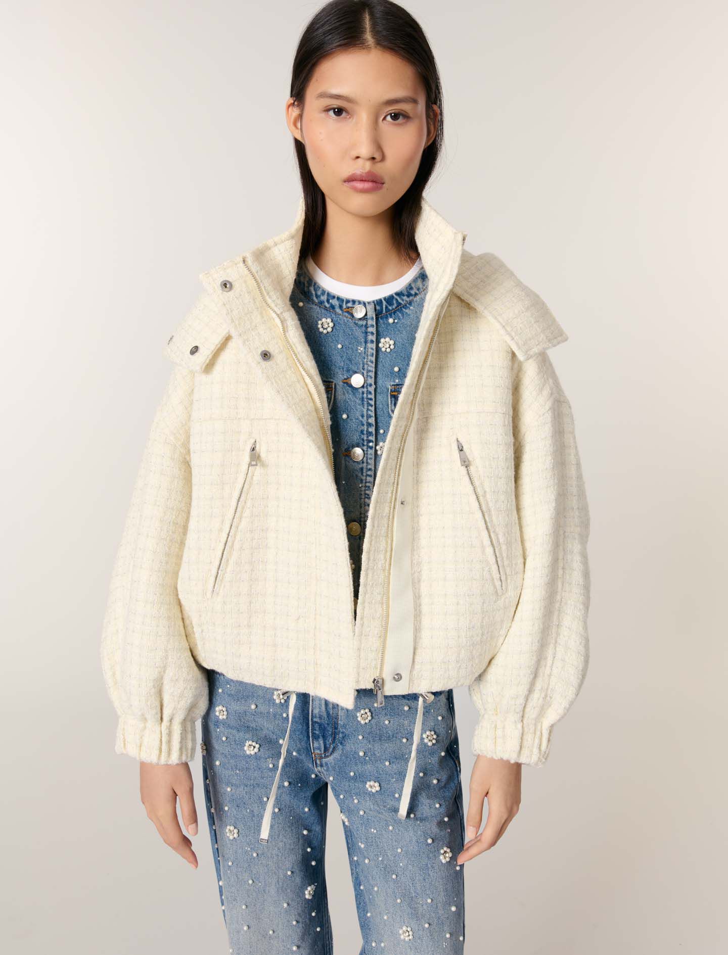 Tweed down jacket White For Women | Maje