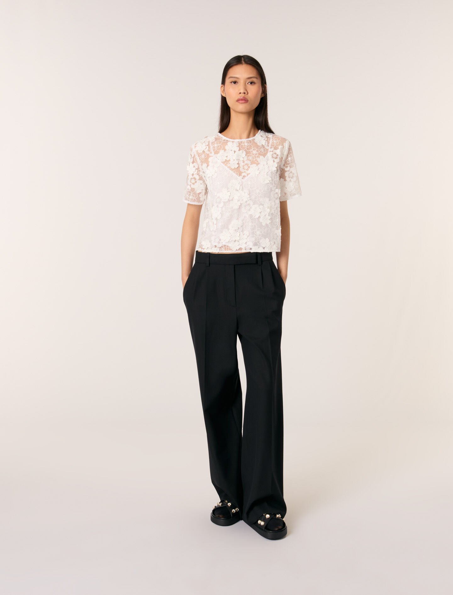 Embroidered short-sleeved top White For Women | Maje