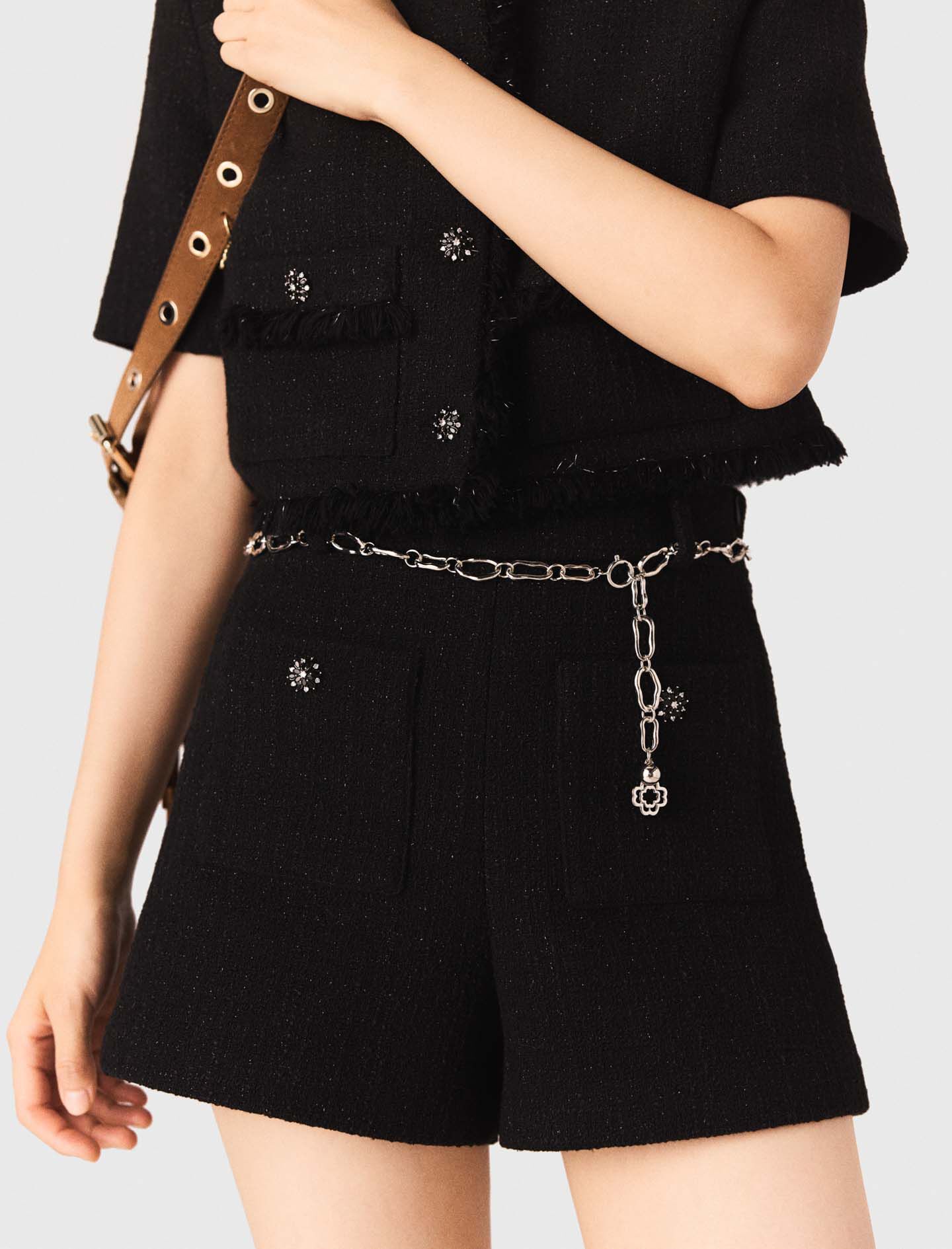 Shiny tweed shorts Black / Gray For Women | Maje