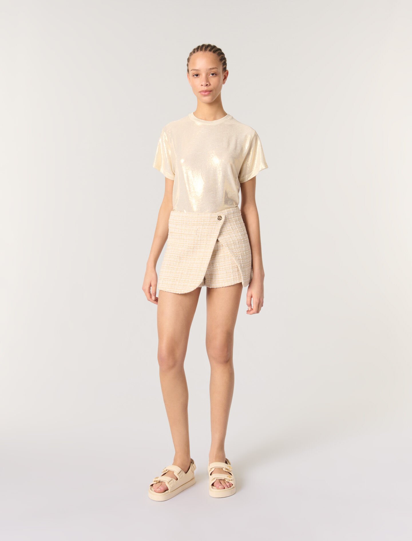 【I AM MARI】Leju No Collar Tweed Short Sleeve Short Jacket Women's Ochre Tweed Short Sleeve Crop Jacket | ME+EM