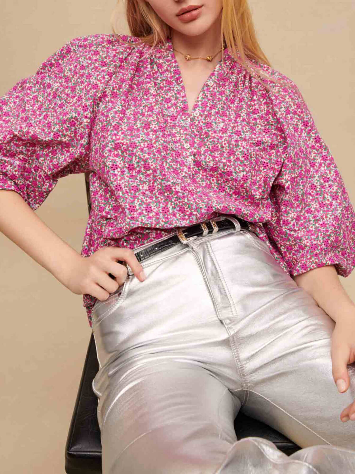 Flower Hand-Printed Crepe Blouse ブラウス シアー 2 ブラウン