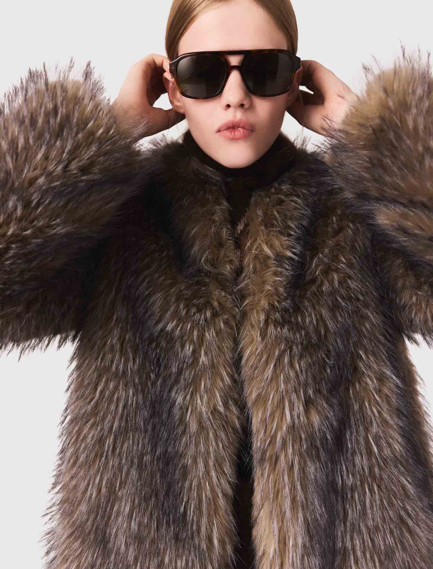 Long faux fur coat Black / Gray For Women | Maje