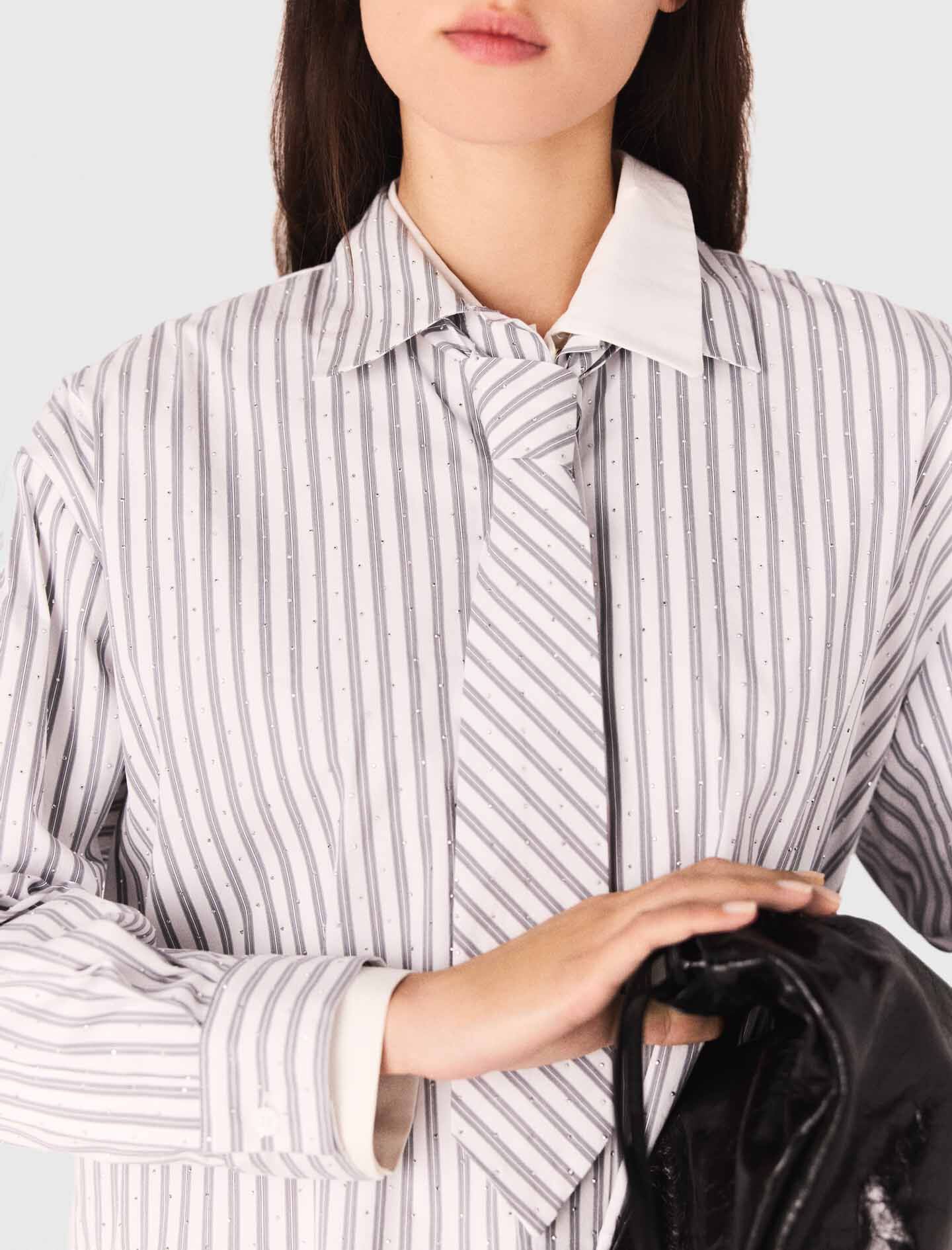 Striped rhinestone shirt with tie Tricolor For Women | Maje