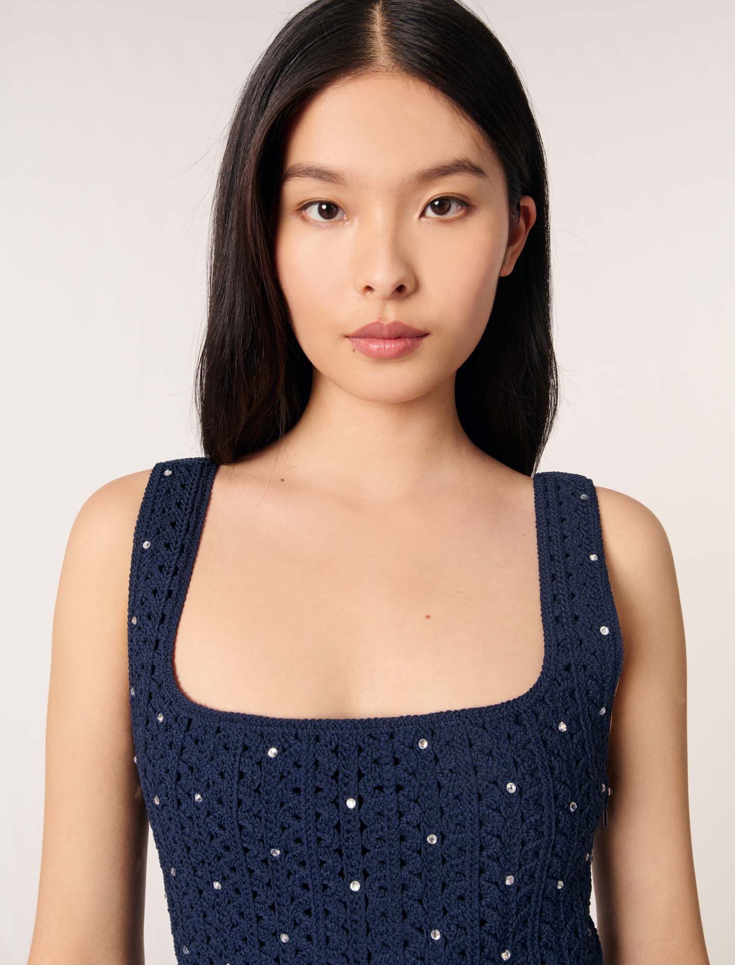 在庫処分 半額 crochet Rhinestone mini Maje | Women For Blue dress レディースウェア