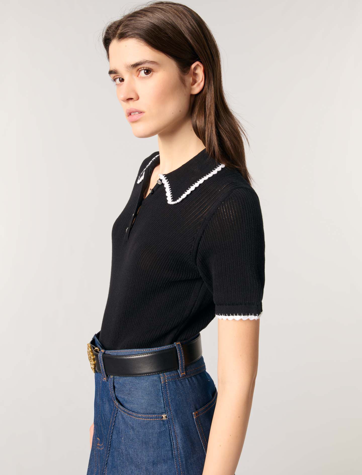 Pointelle knit polo shirt Black / Gray For Women | Maje Pointelle knit polo shirt Black / Gray For Women | Maje