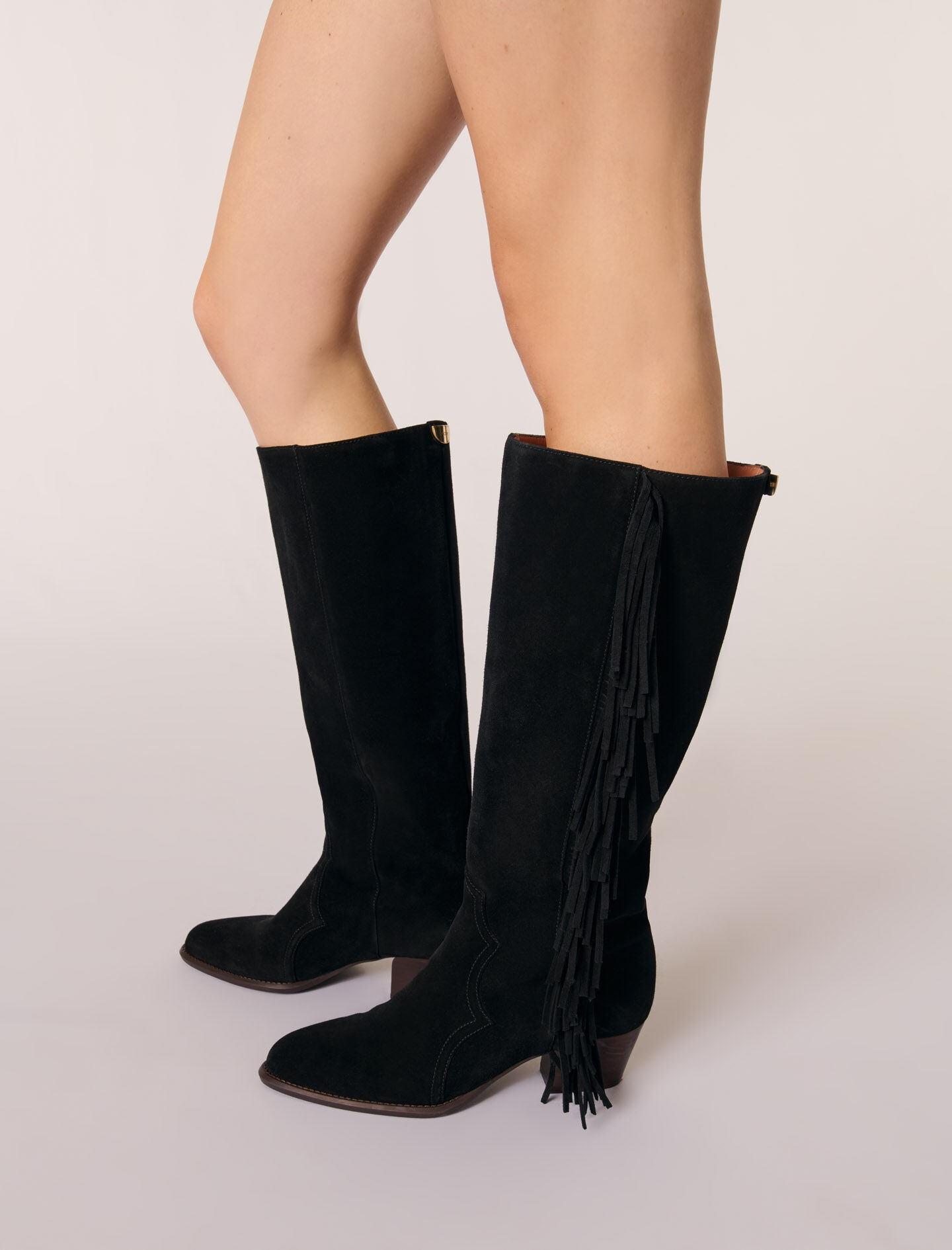 Fringed suede cowboy boots Black / Gray For Women | Maje