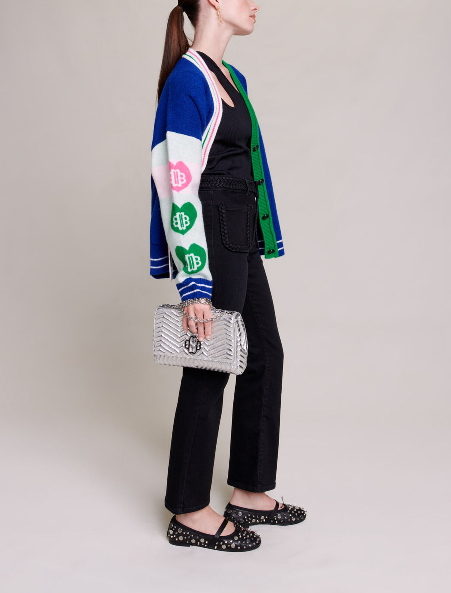 Black jeans, braided finishes on pockets