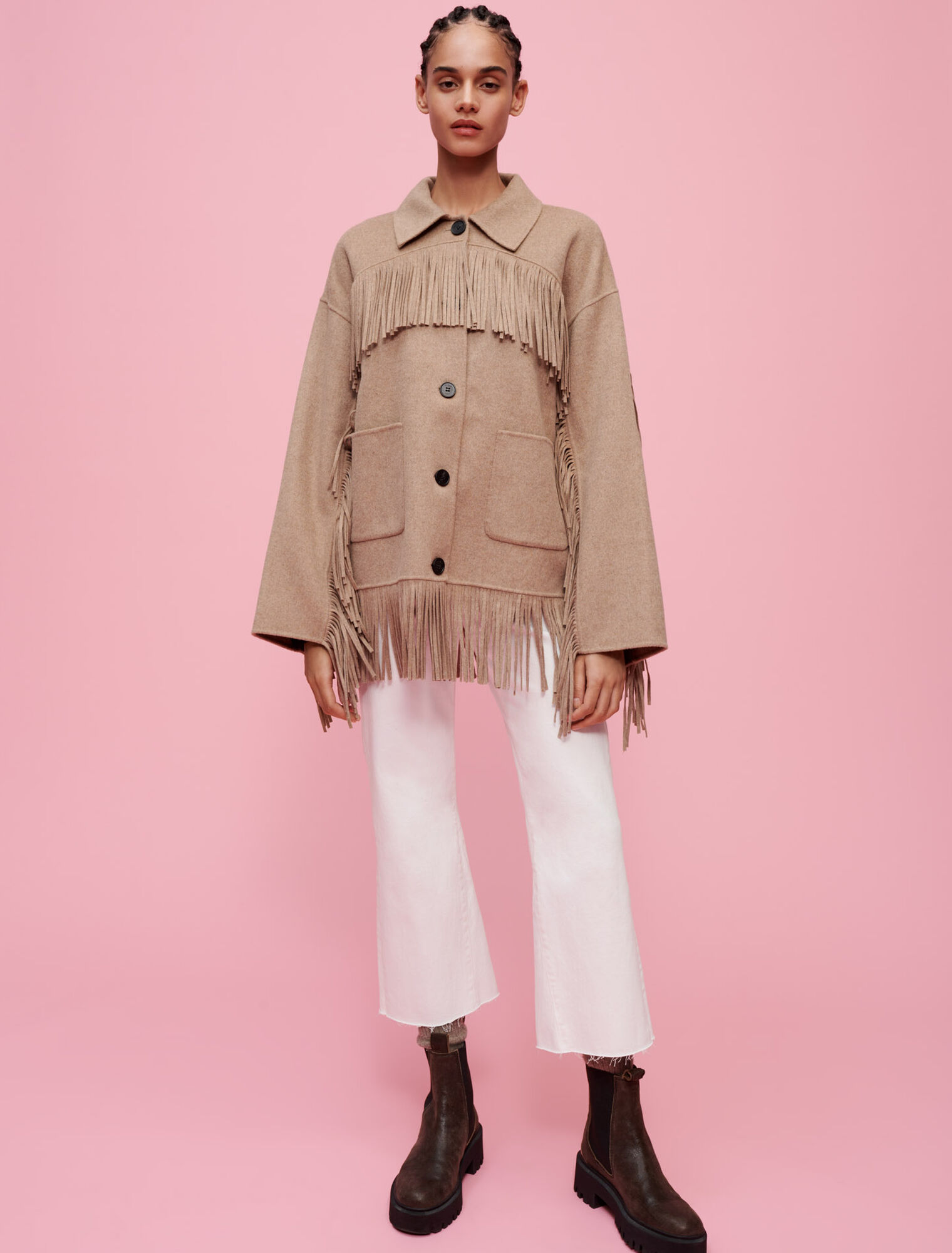 Double-faced coat with fringing