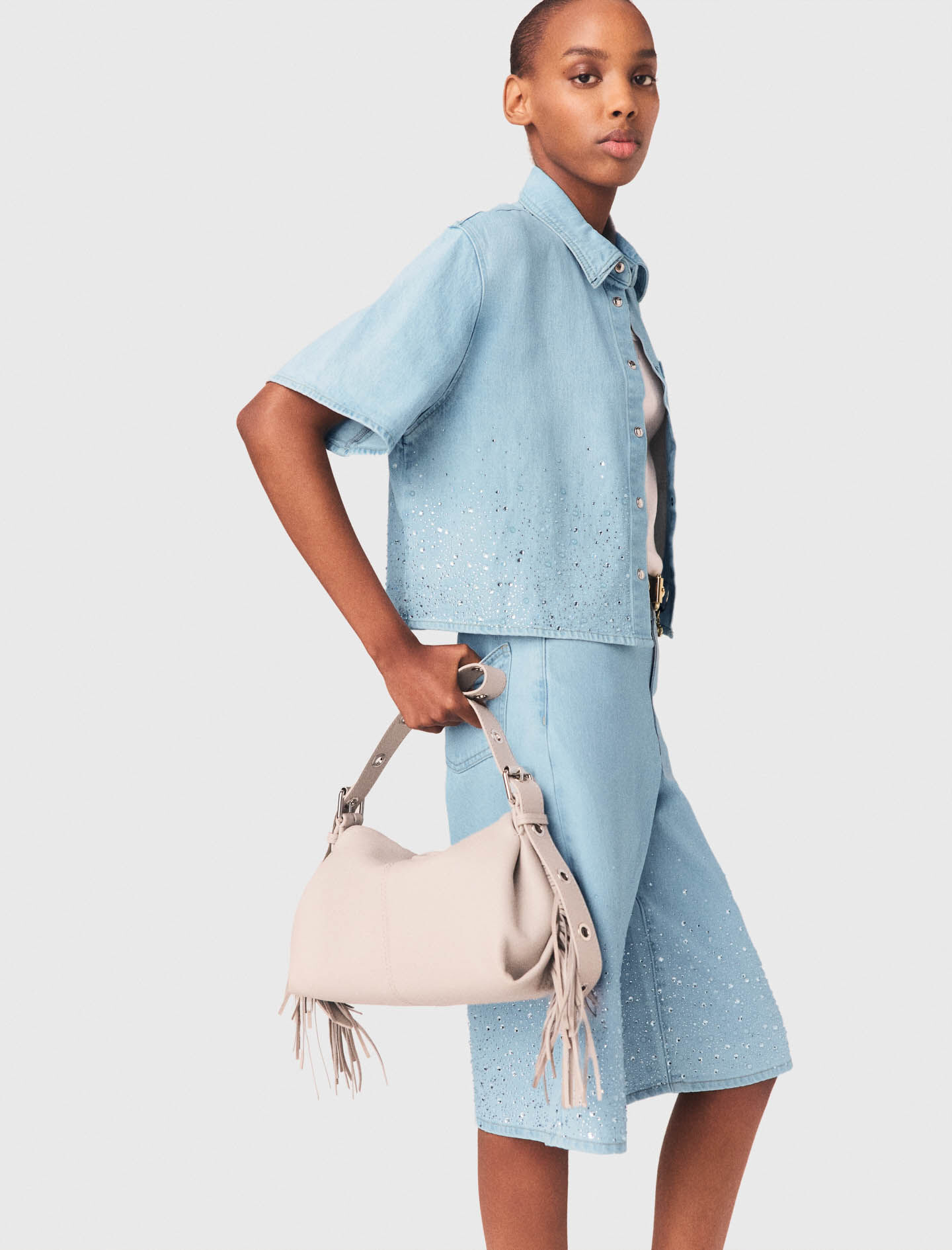 Cropped rhinestone denim shirt Blue For Women | Maje