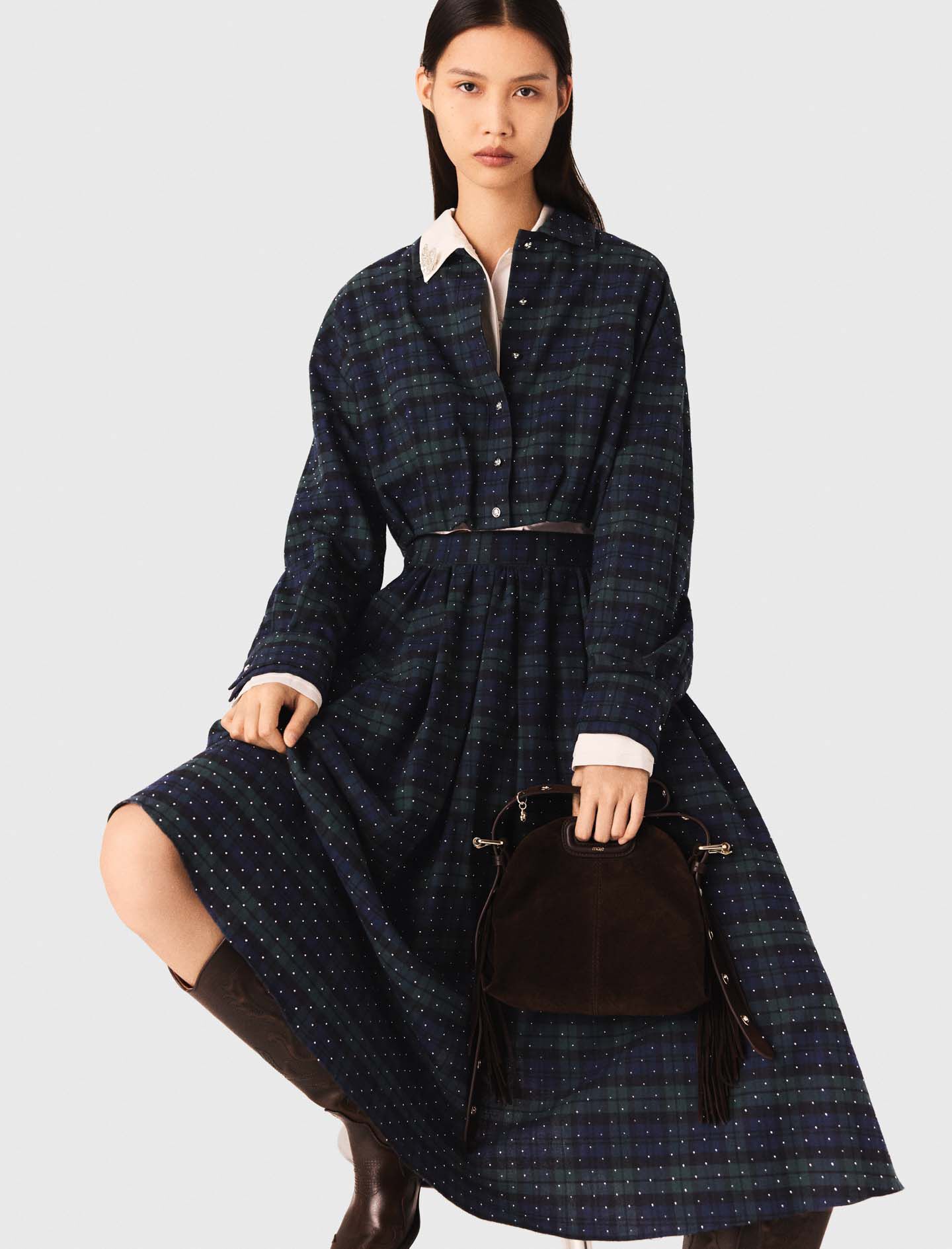 Checked rhinestone cropped shirt Blue For Women | Maje