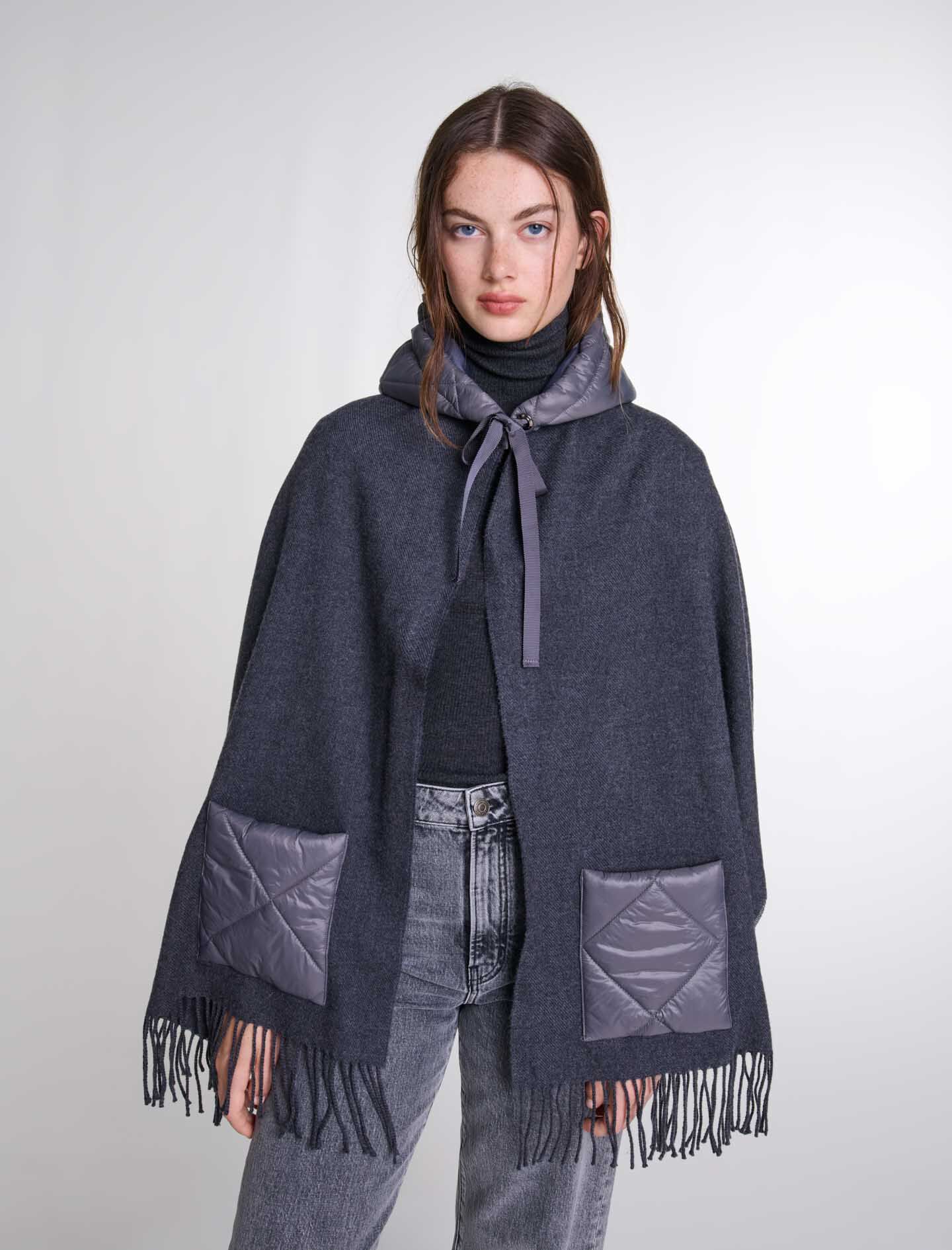 Hooded wool poncho Black / Gray For Women | Maje Hooded wool poncho Black / Gray For Women | Maje