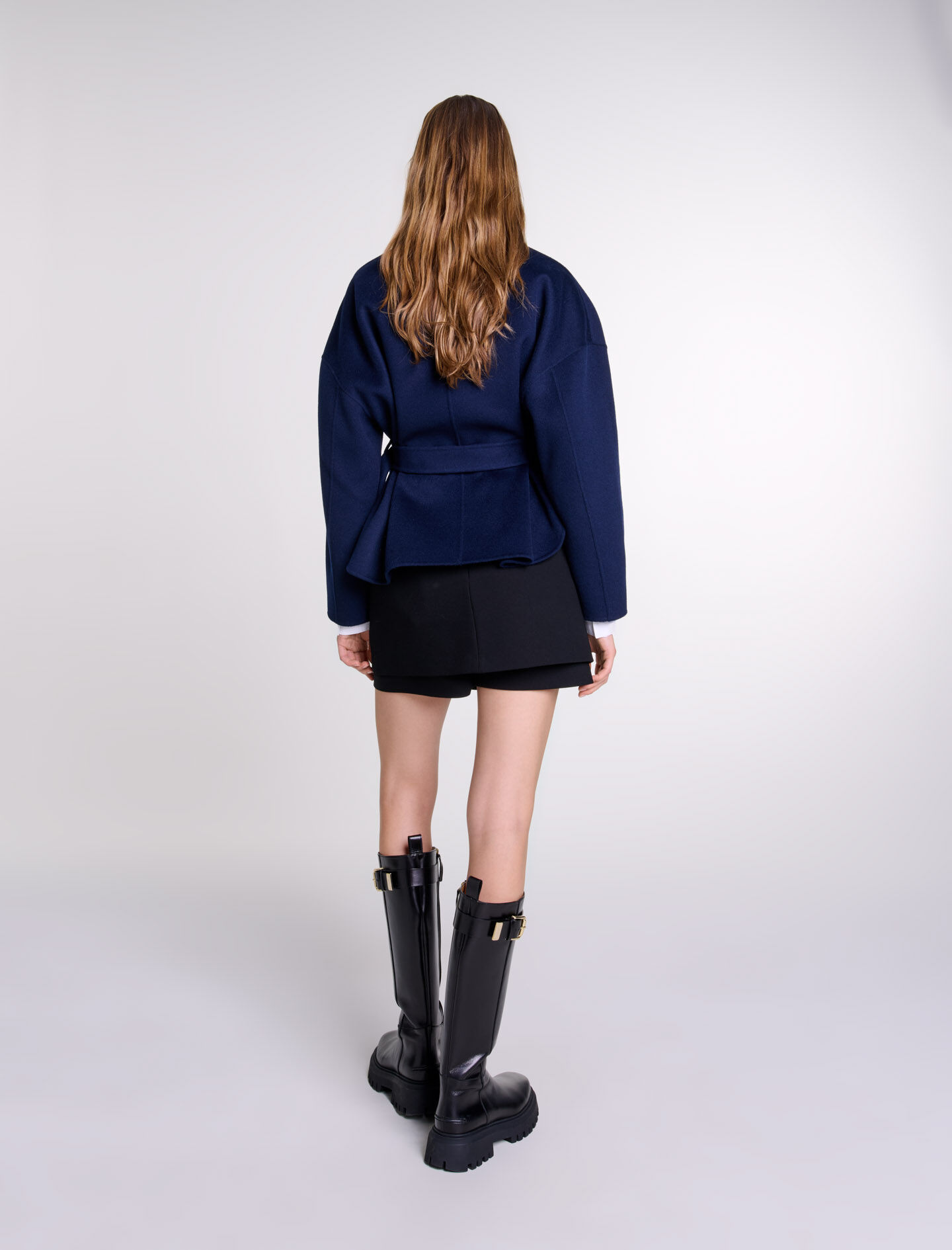 Belted short wool coat Blue For Women | Maje