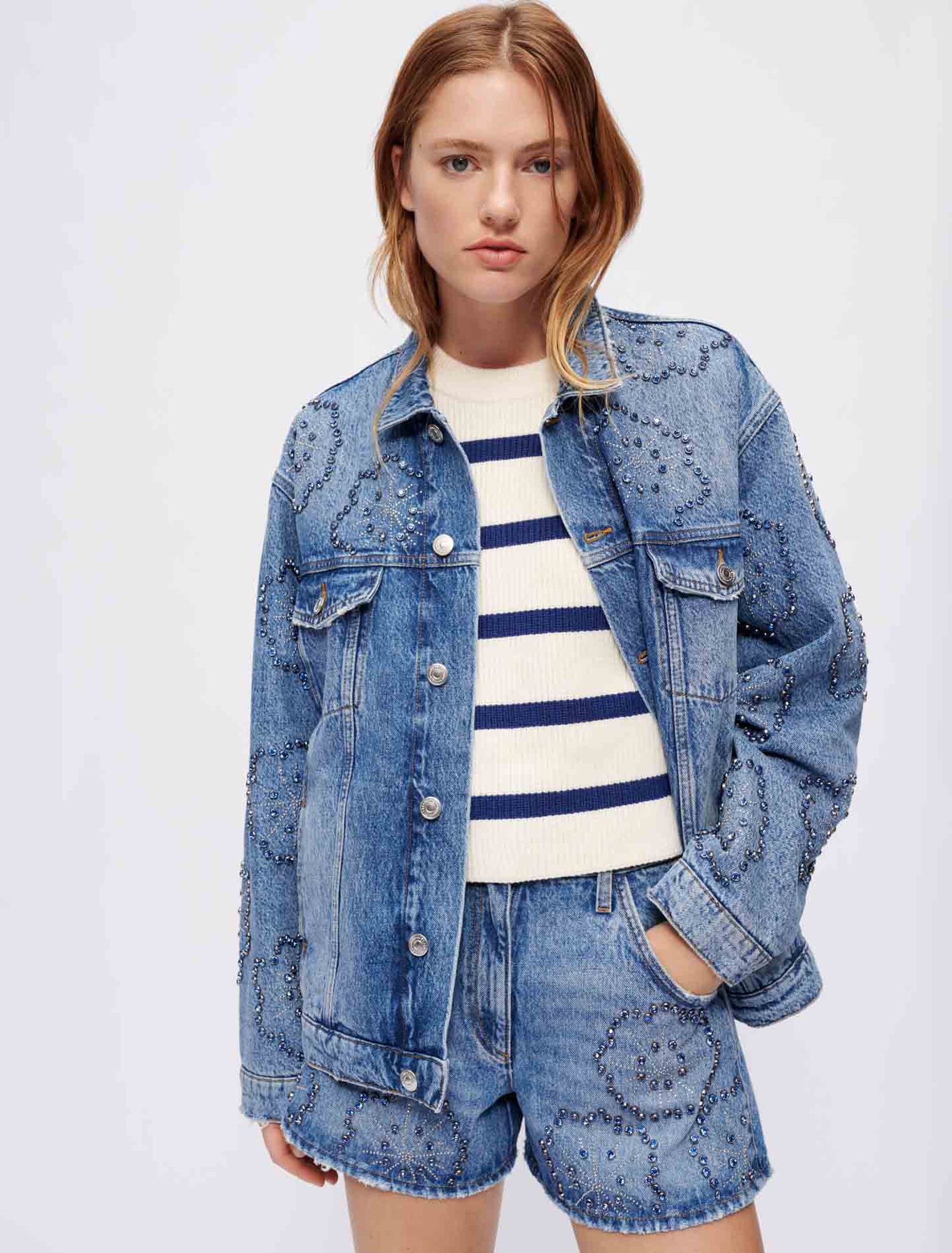 Wide denim jacket with rhinestones