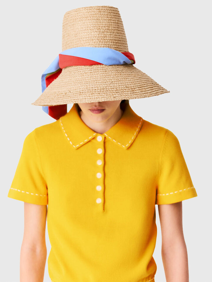 Raffia hat with printed ribbon