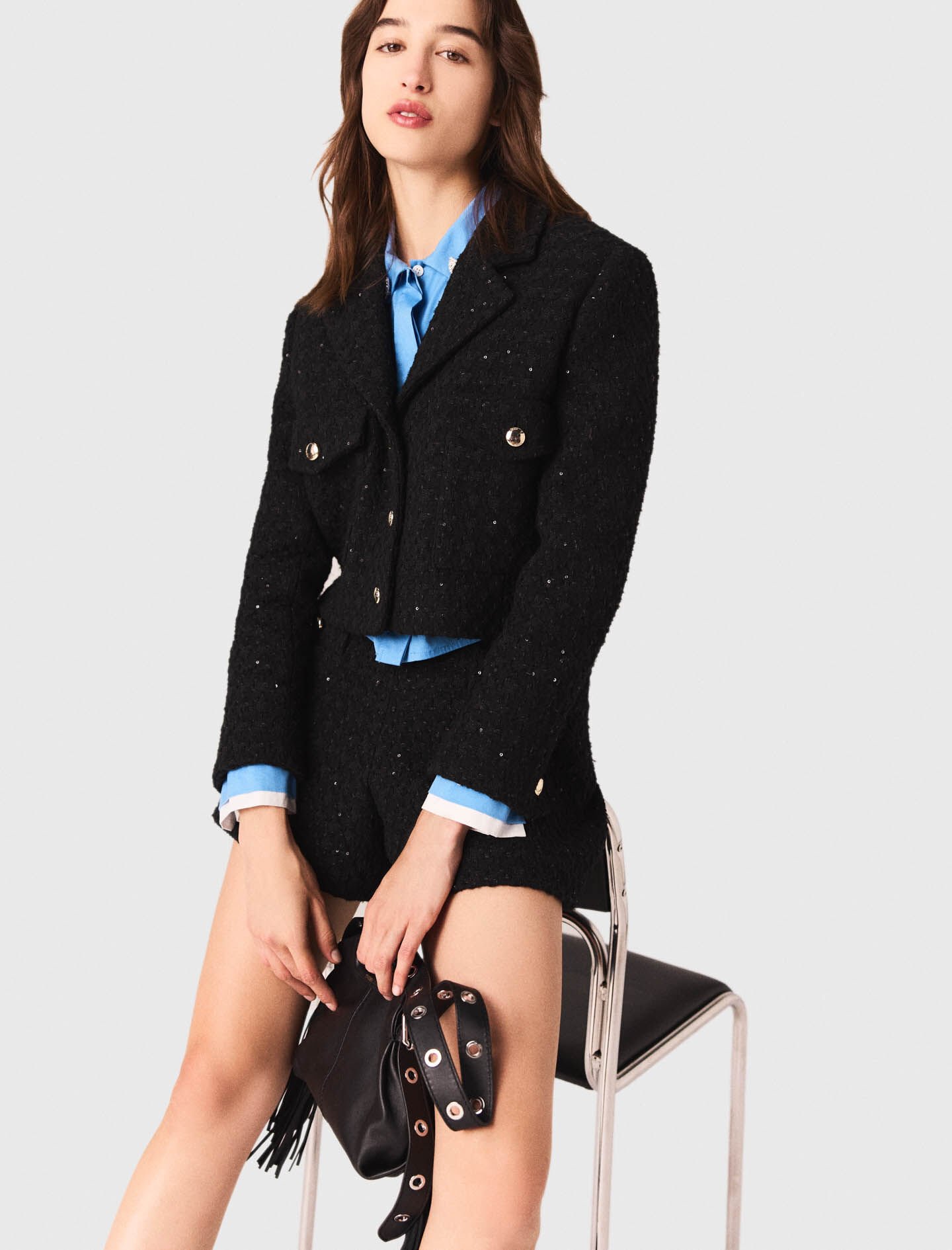 maje ツイードジャケット Short rhinestone tweed jacket Black / Gray for Women | Maje