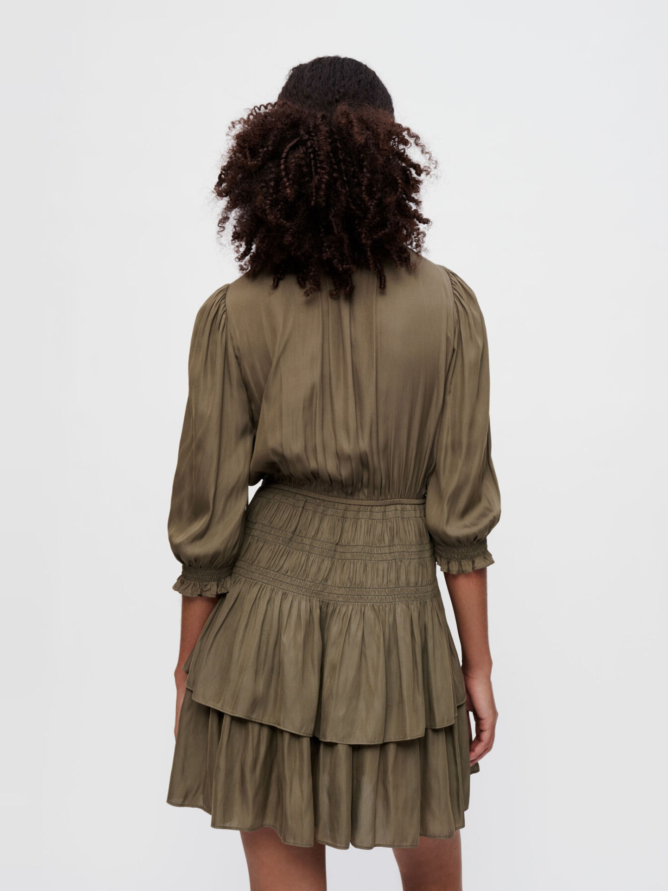 Satin dress with smocking and ruffles Brown For Women | Maje