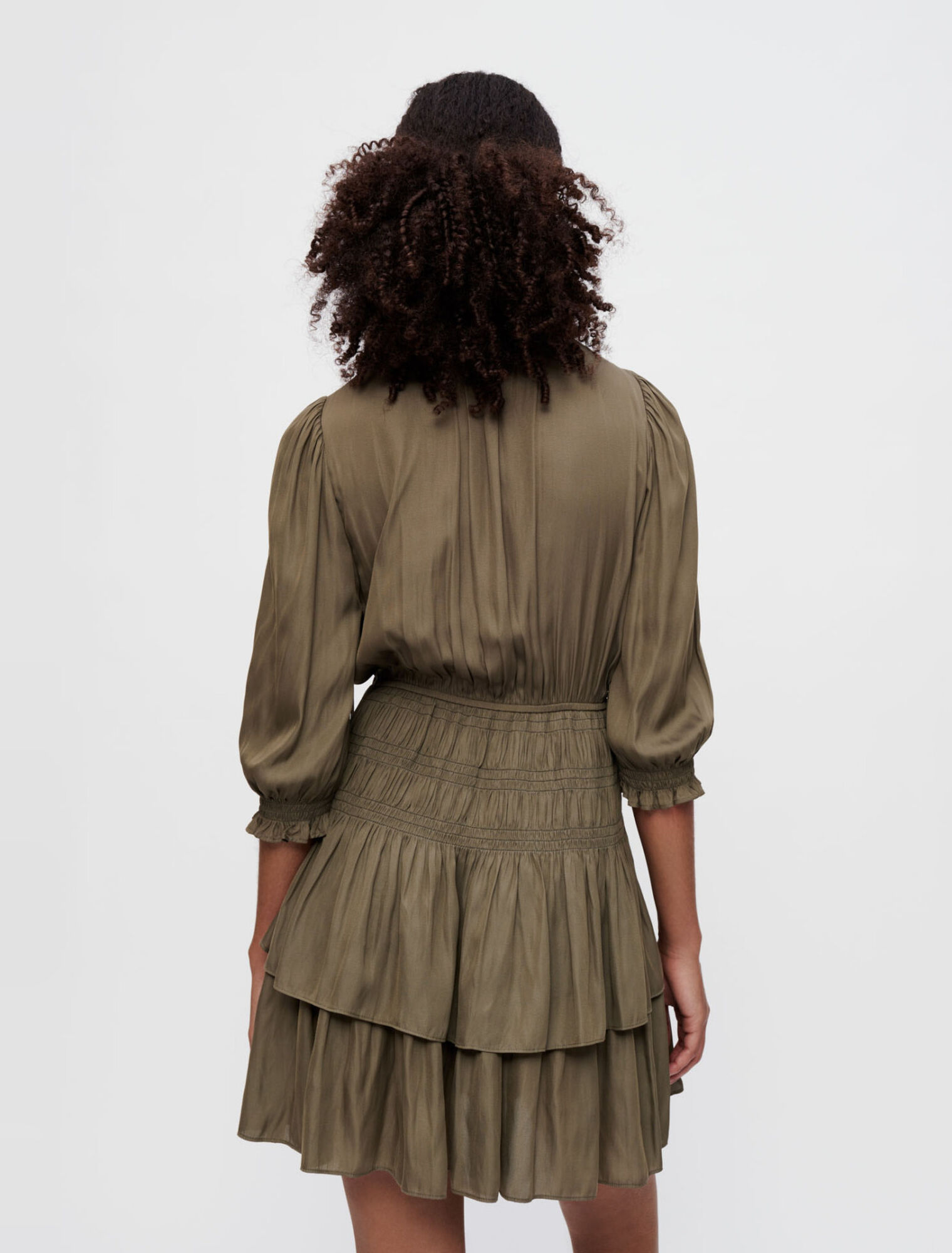 Satin dress with smocking and ruffles
