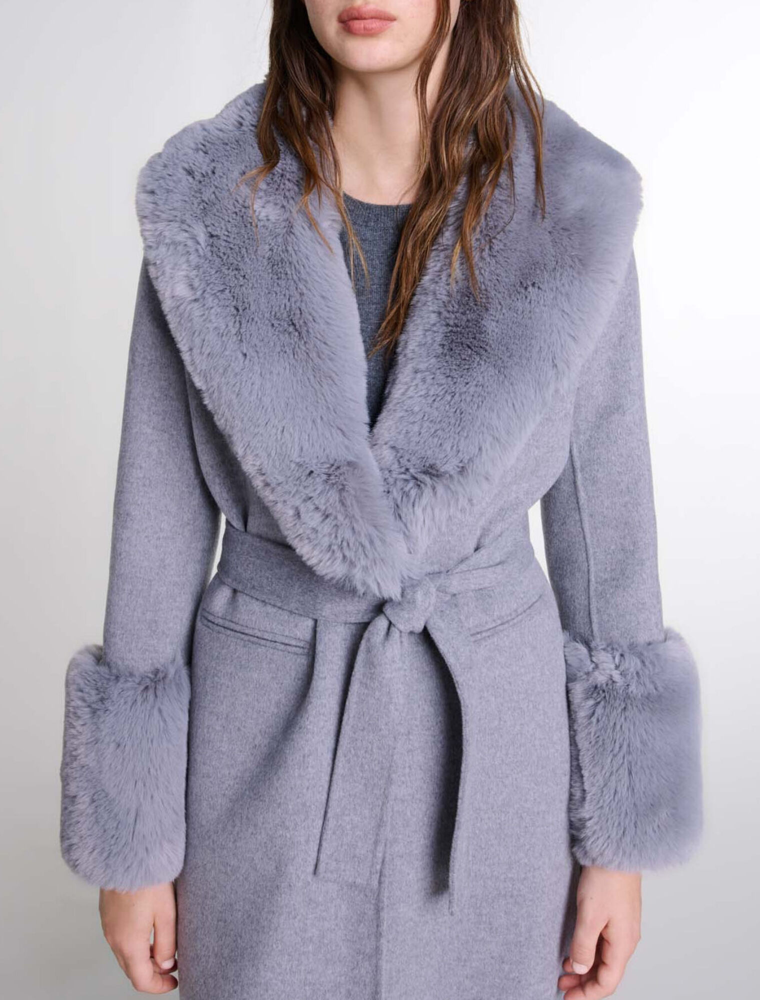 Long coat with faux fur collar