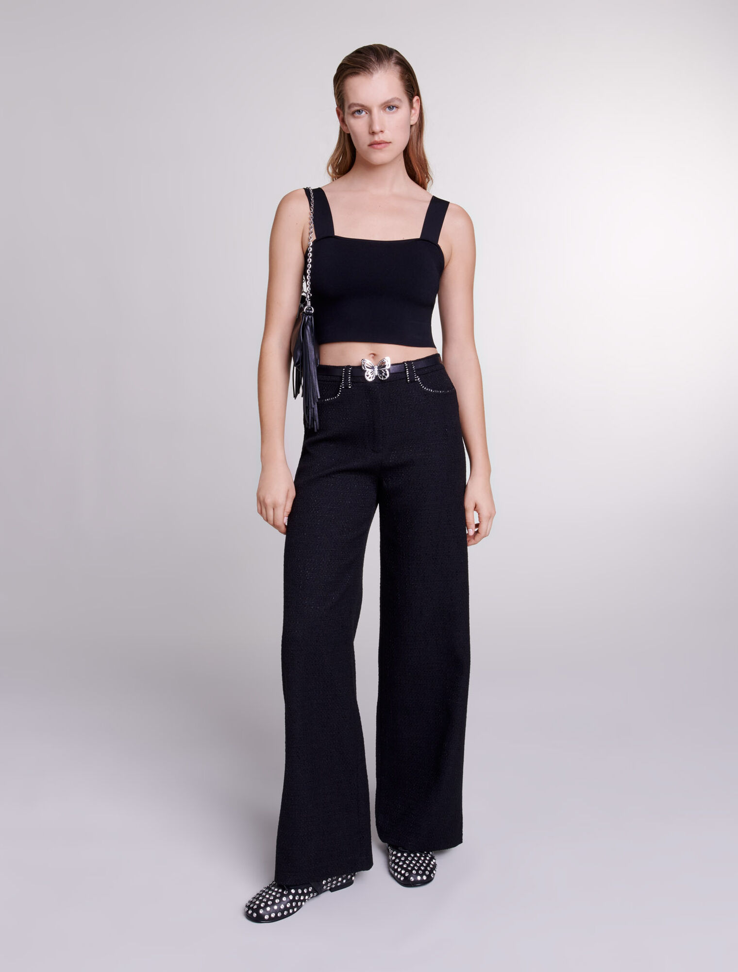 Wide-leg tweed trousers