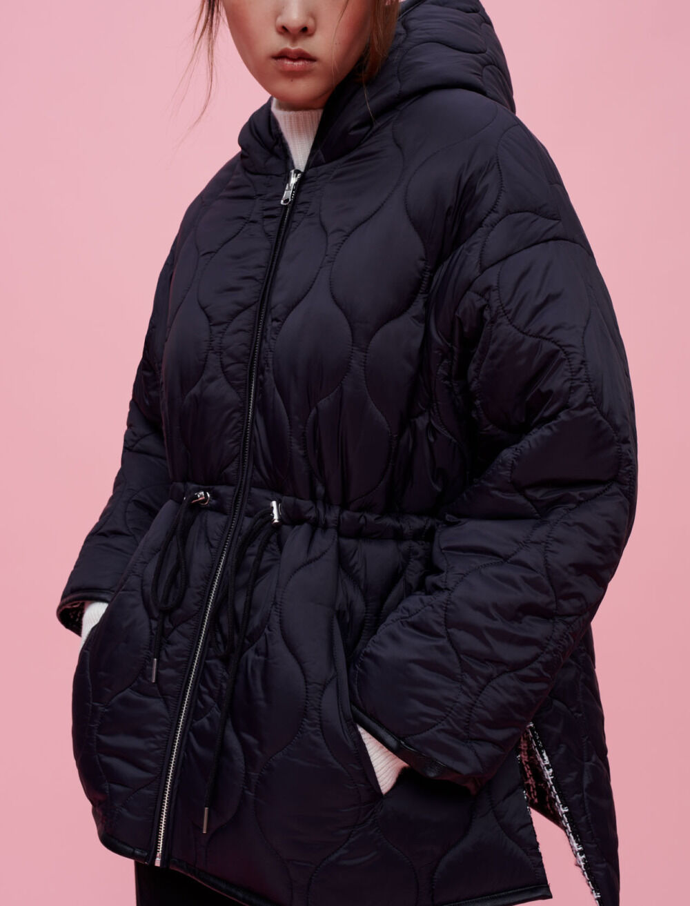 Reversible tweed jacket with hood Black Gray For Women Maje