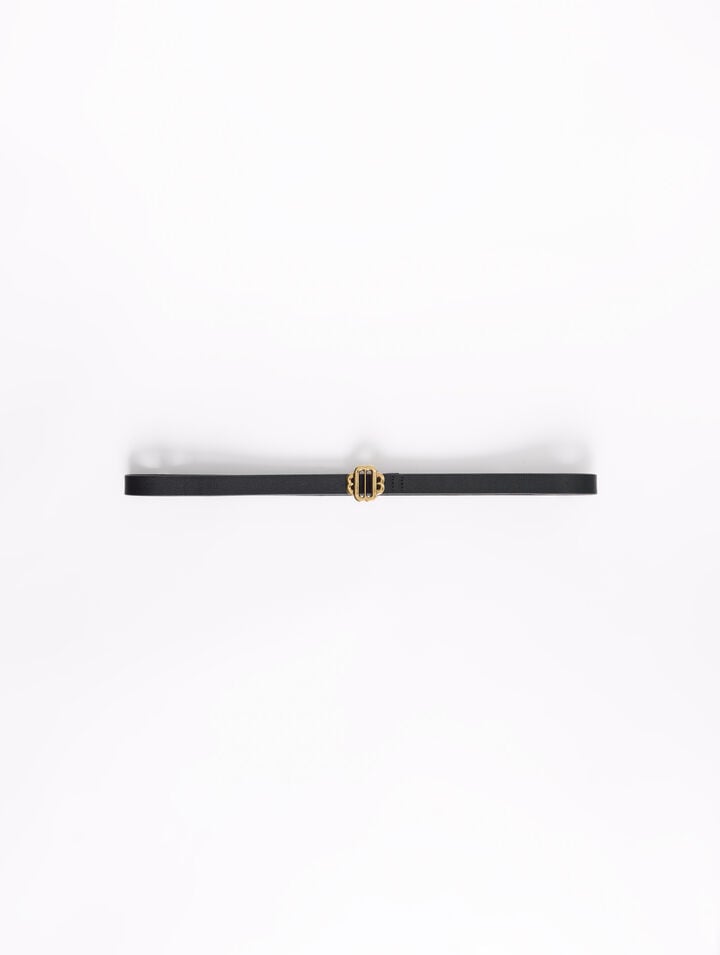 Narrow black leather belt gold buckle