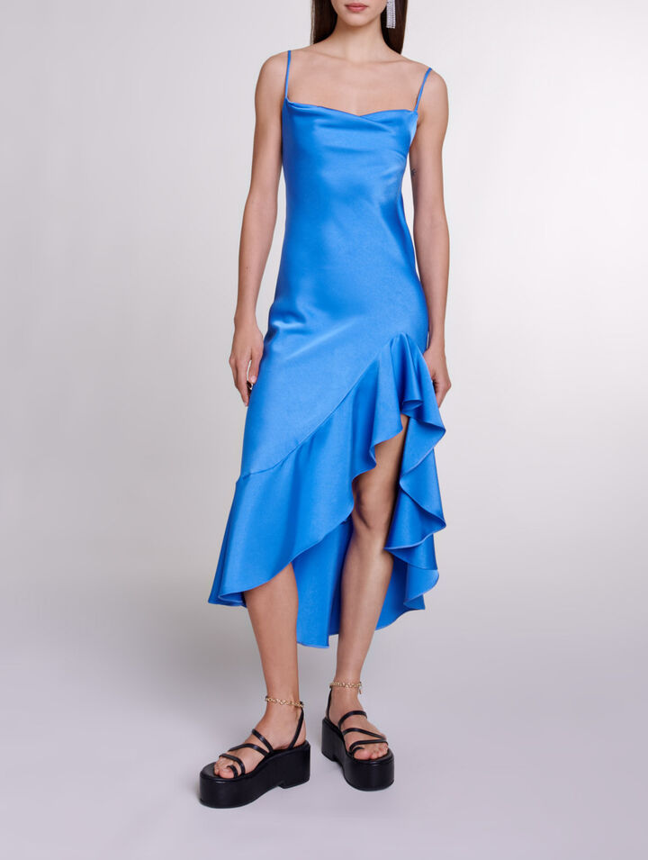 Asymmetric satin-effect maxi dress
