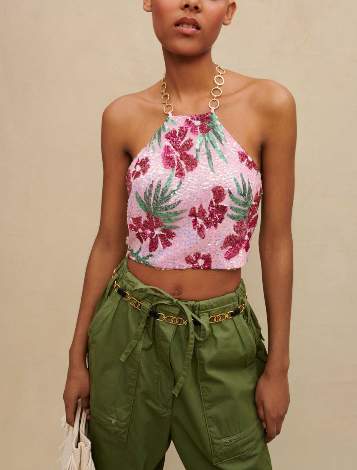 Hibiscus sequined crop top