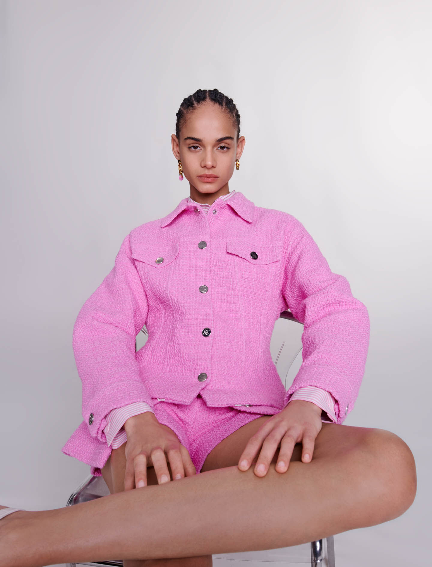 muguet stand collar midi coat（PINK） Fitted tweed jacket