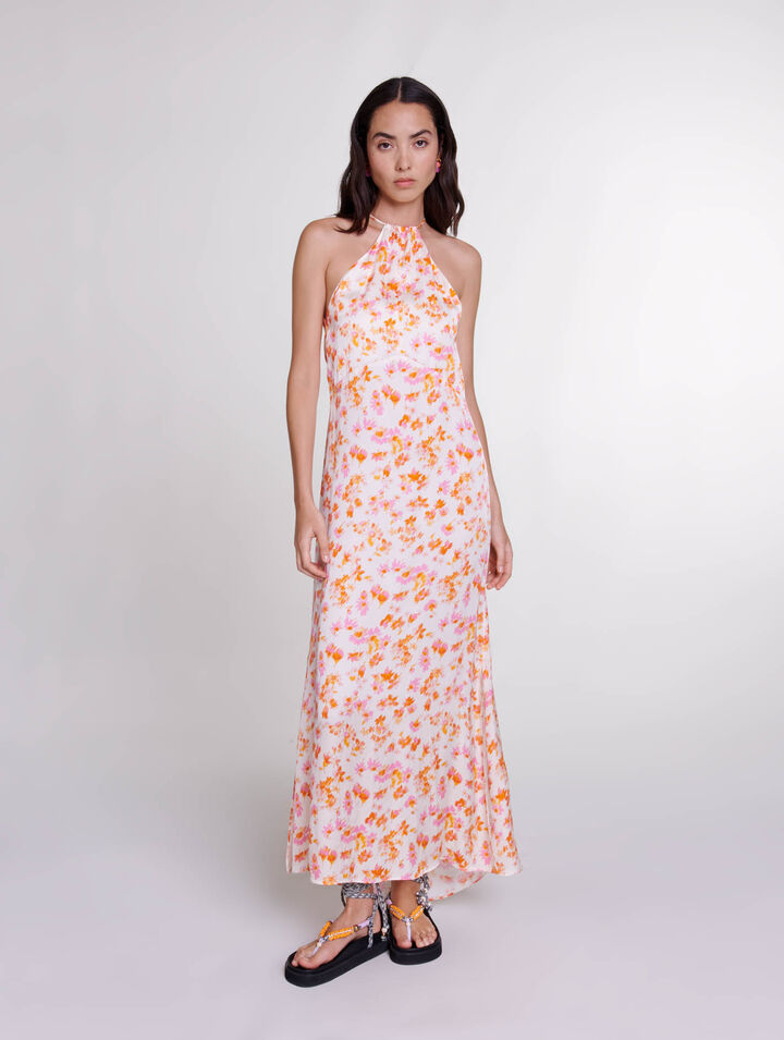 마쥬 Maje Floral satin-effect maxi dress,sping orange flower print