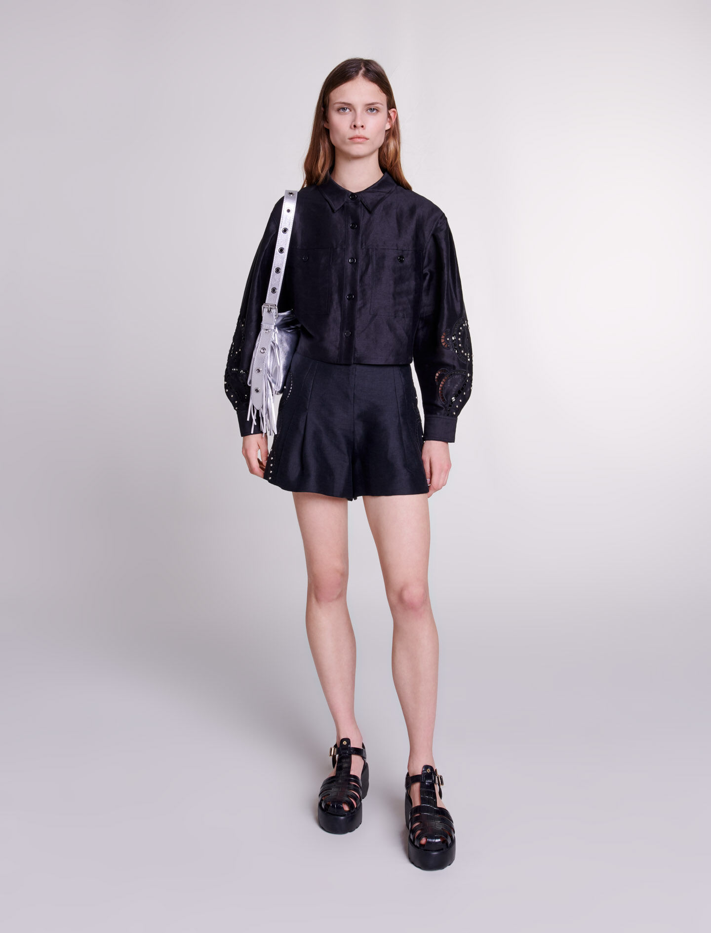 Openwork linen cropped shirt Black / Gray For Women | Maje