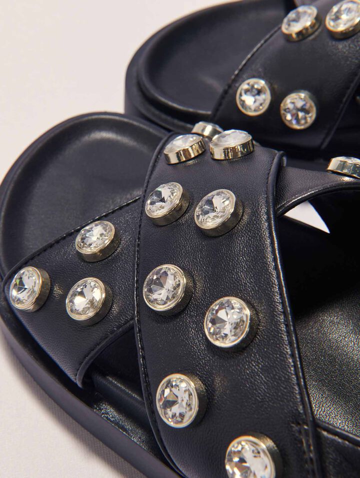 Flat leather and rhinestone sandals