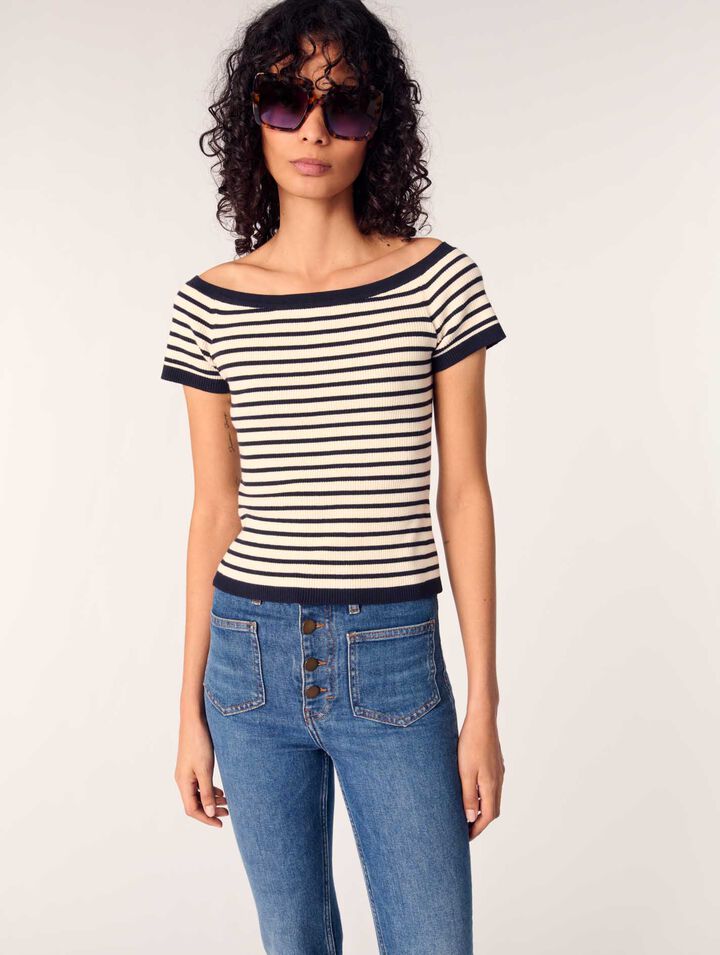 Rib knit short sleeve boat neck top