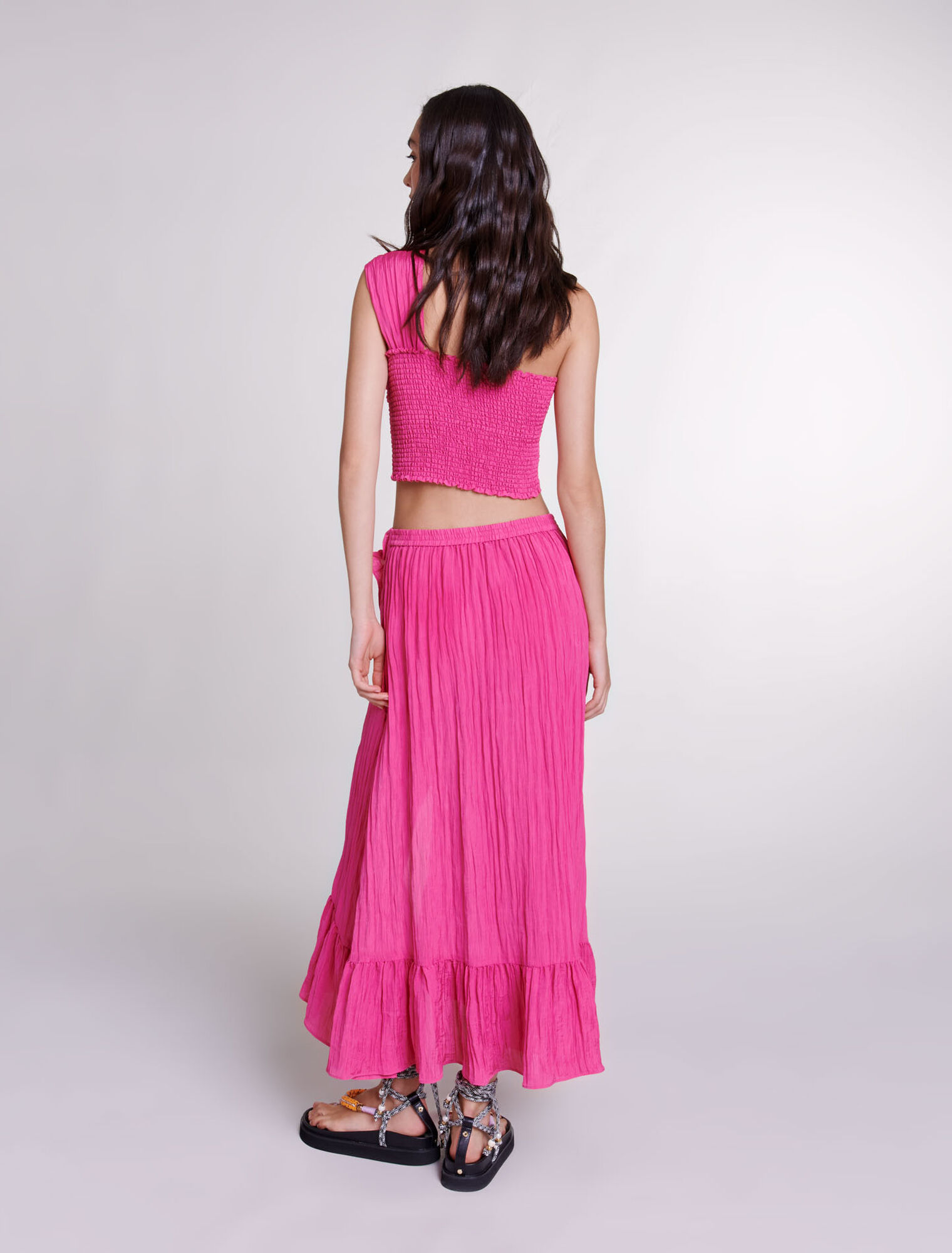Long satin-effect crinkle skirt