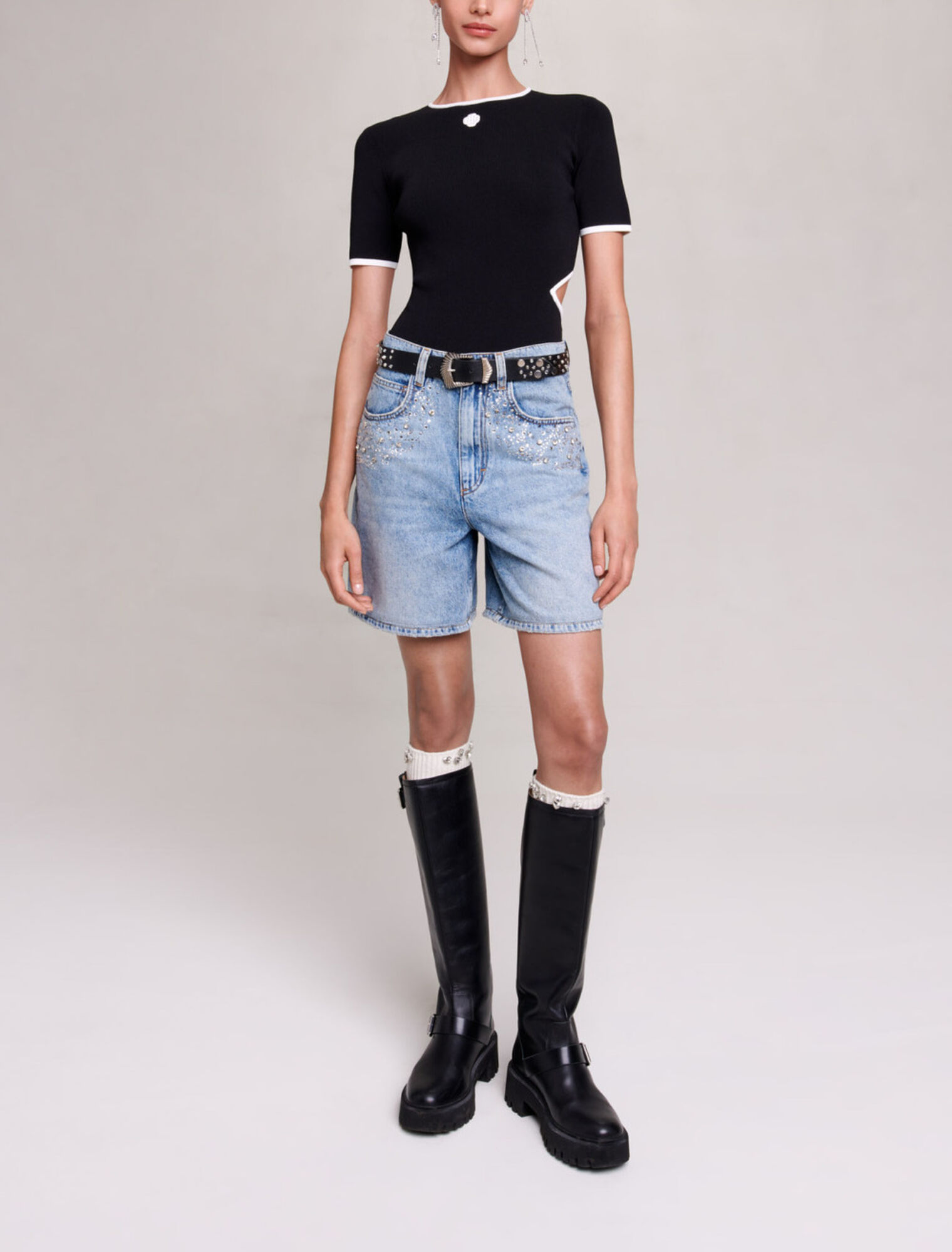 Flared denim shorts with rhinestones
