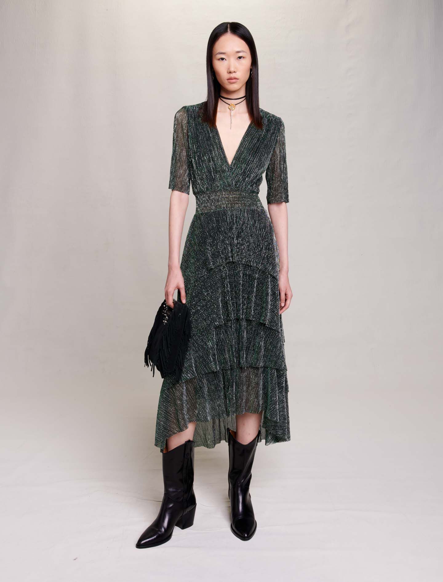 Metallic fiber dress with ruffles - | Maje