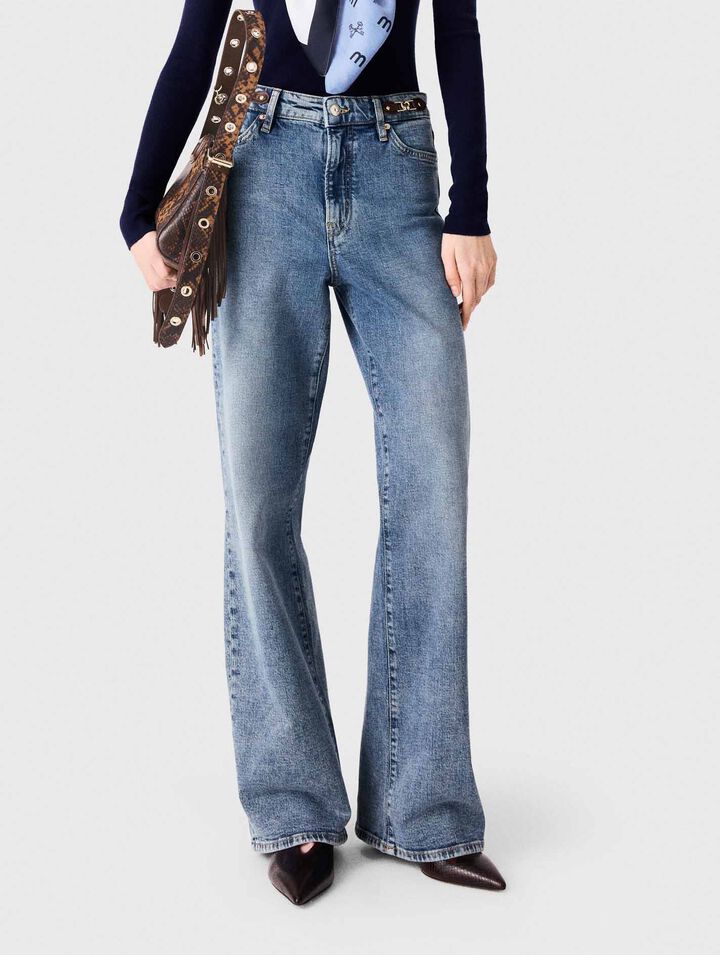 Wide-leg leather buckle jeans