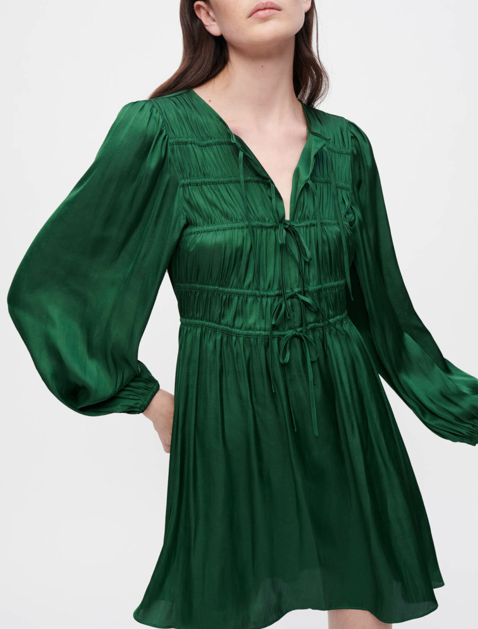 Satin dress, tie for gathering