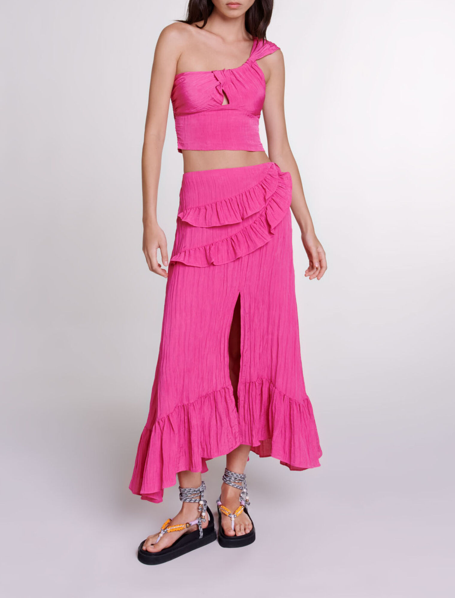 Long satin-effect crinkle skirt