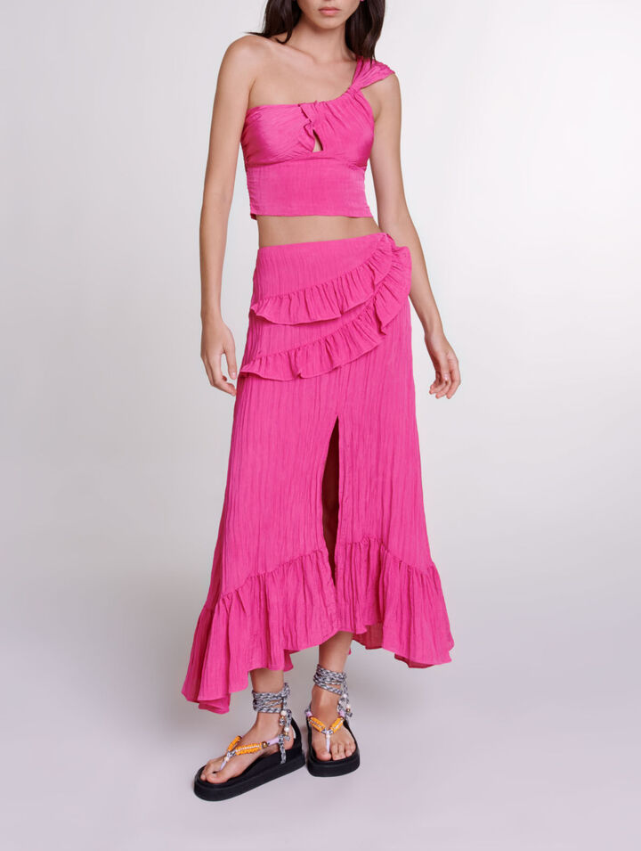 Long satin-effect crinkle skirt