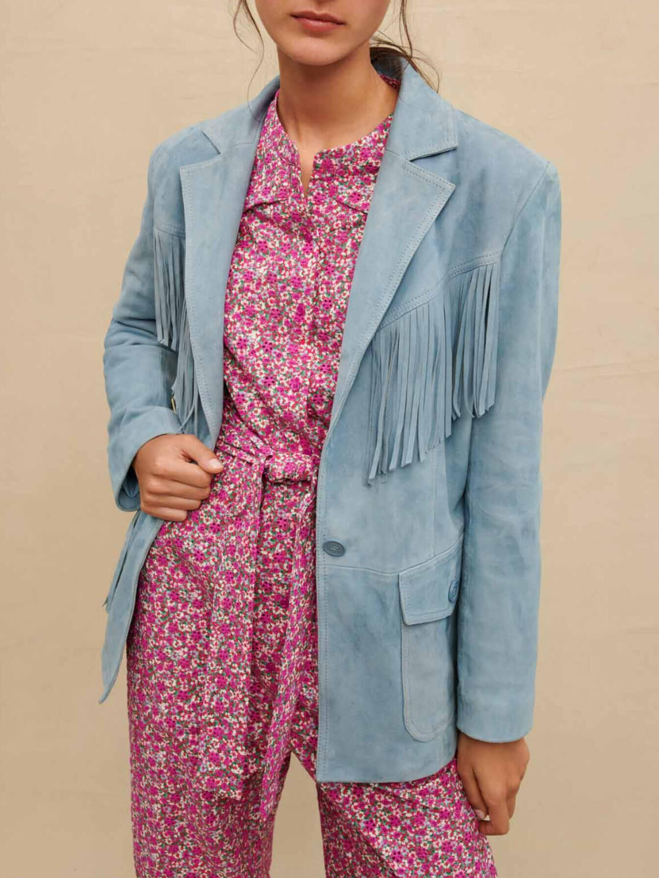 Suede leather jacket with fringing Blue For Women | Maje