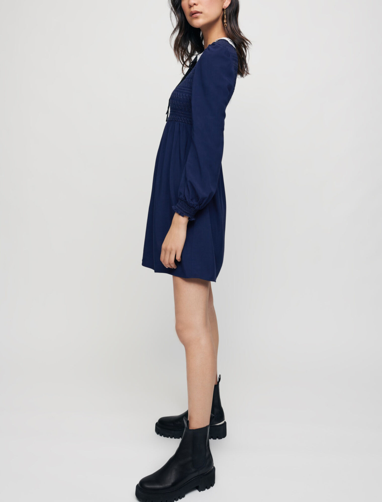 Smocked dress with guipure collar