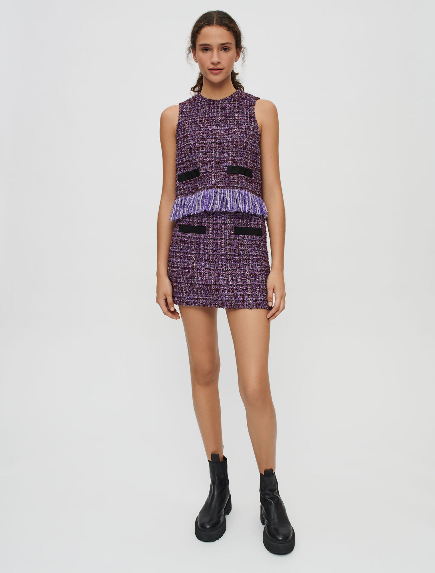 Purple tweed sleeveless fringed top