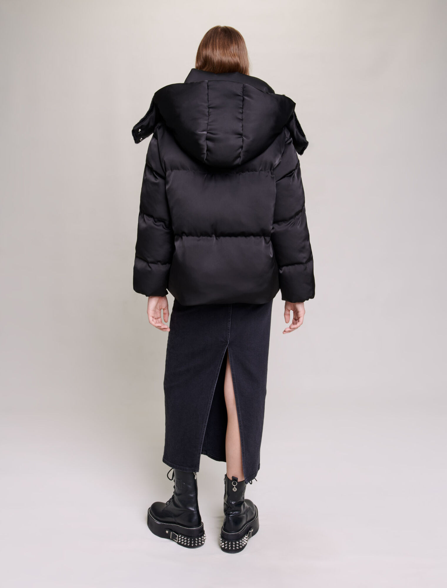 Short satiny quilted puffer jacket