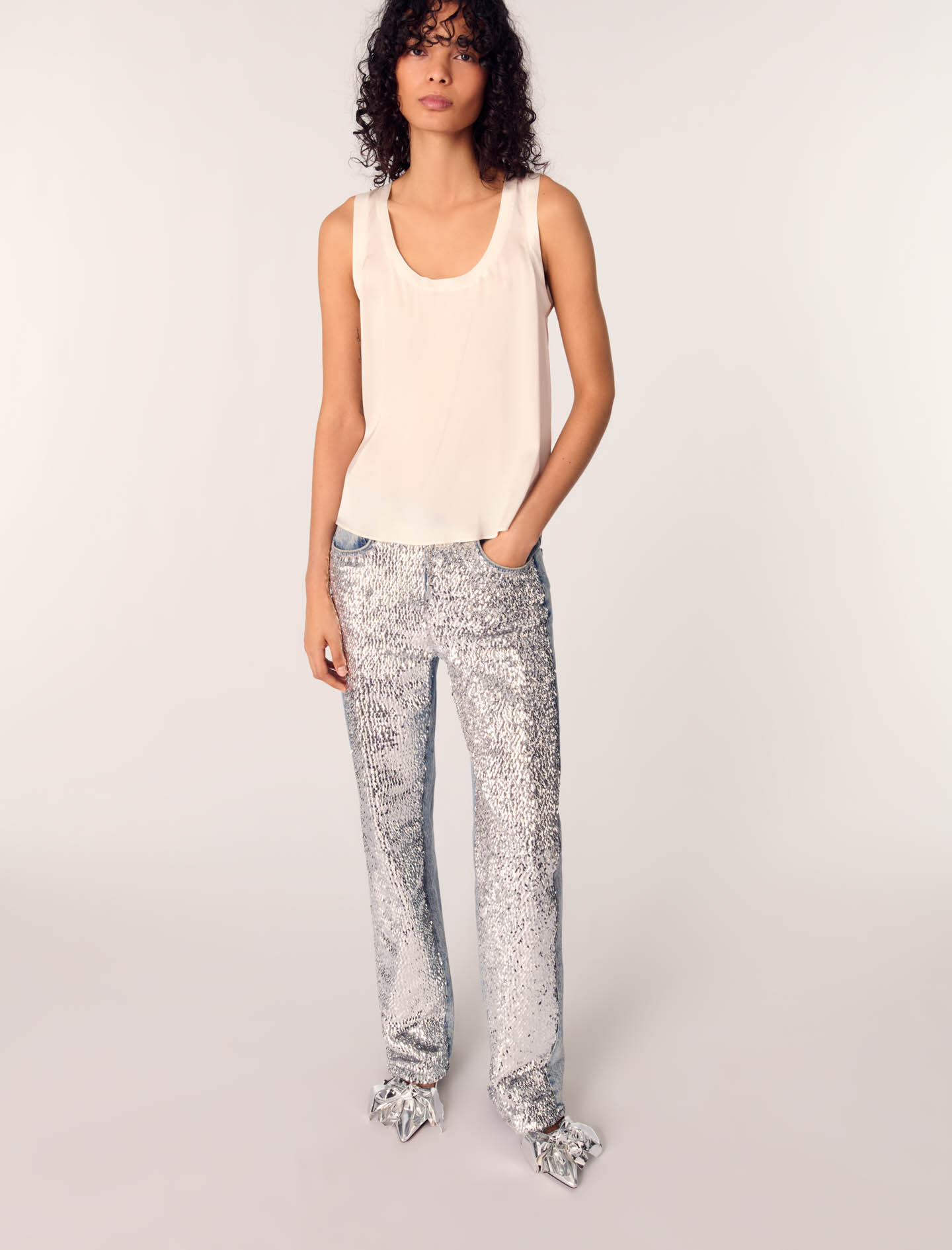 Wide-leg rhinestone jeans White For Women | Maje