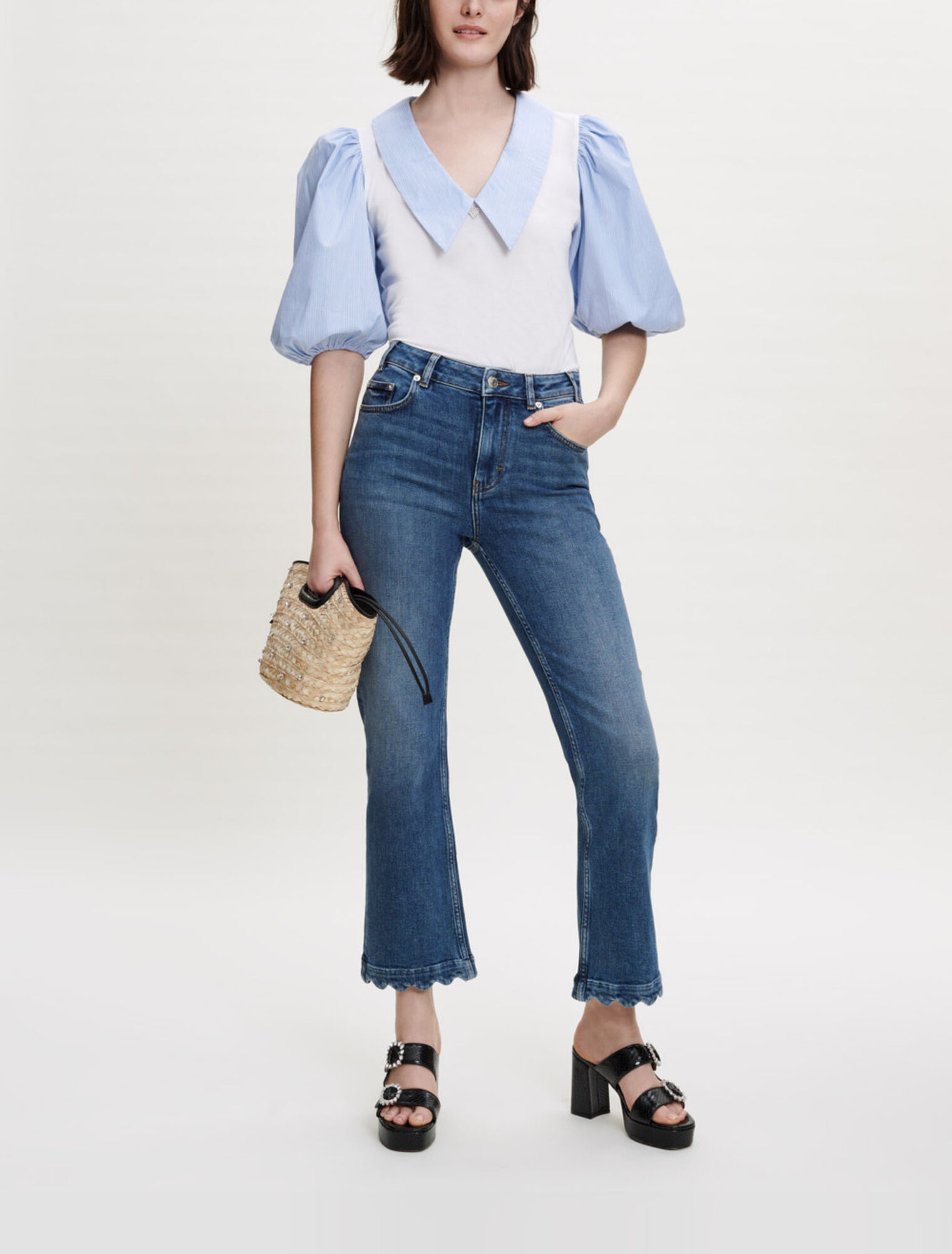Mixed-material collar tee-shirt