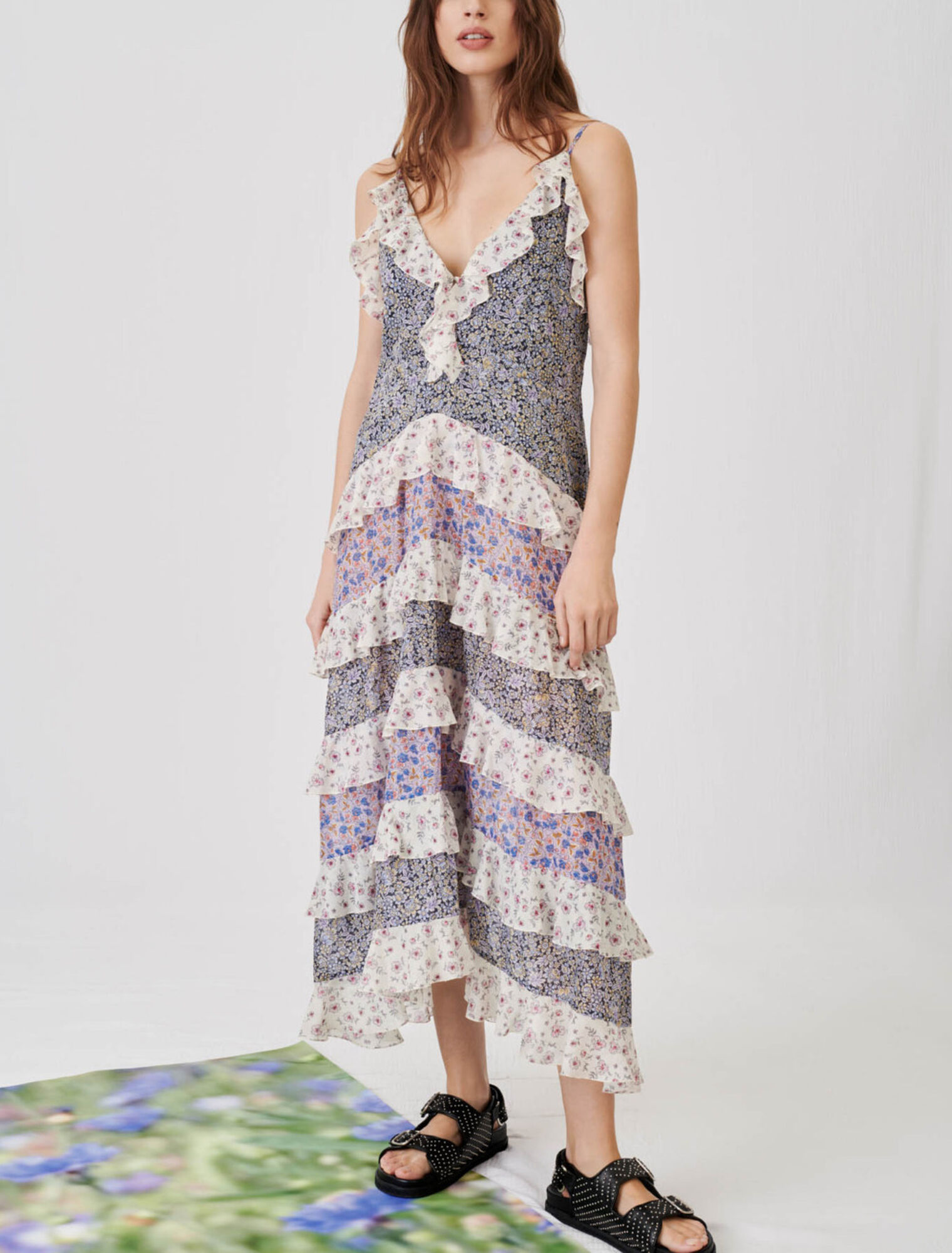 Printed cotton voile ruffle dress