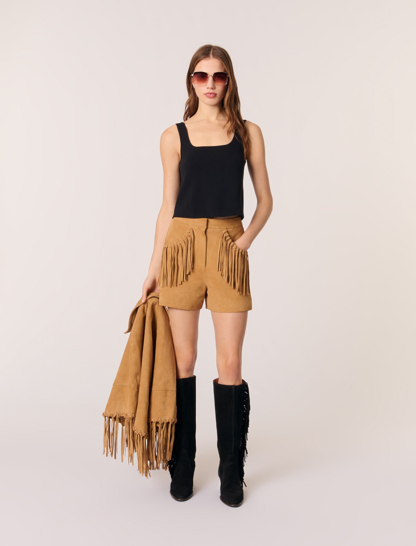 パンツ KMRii leather fringe studs short pants Shop Shape Brown Pu Leather Fringe Hot Pants Online in Oman