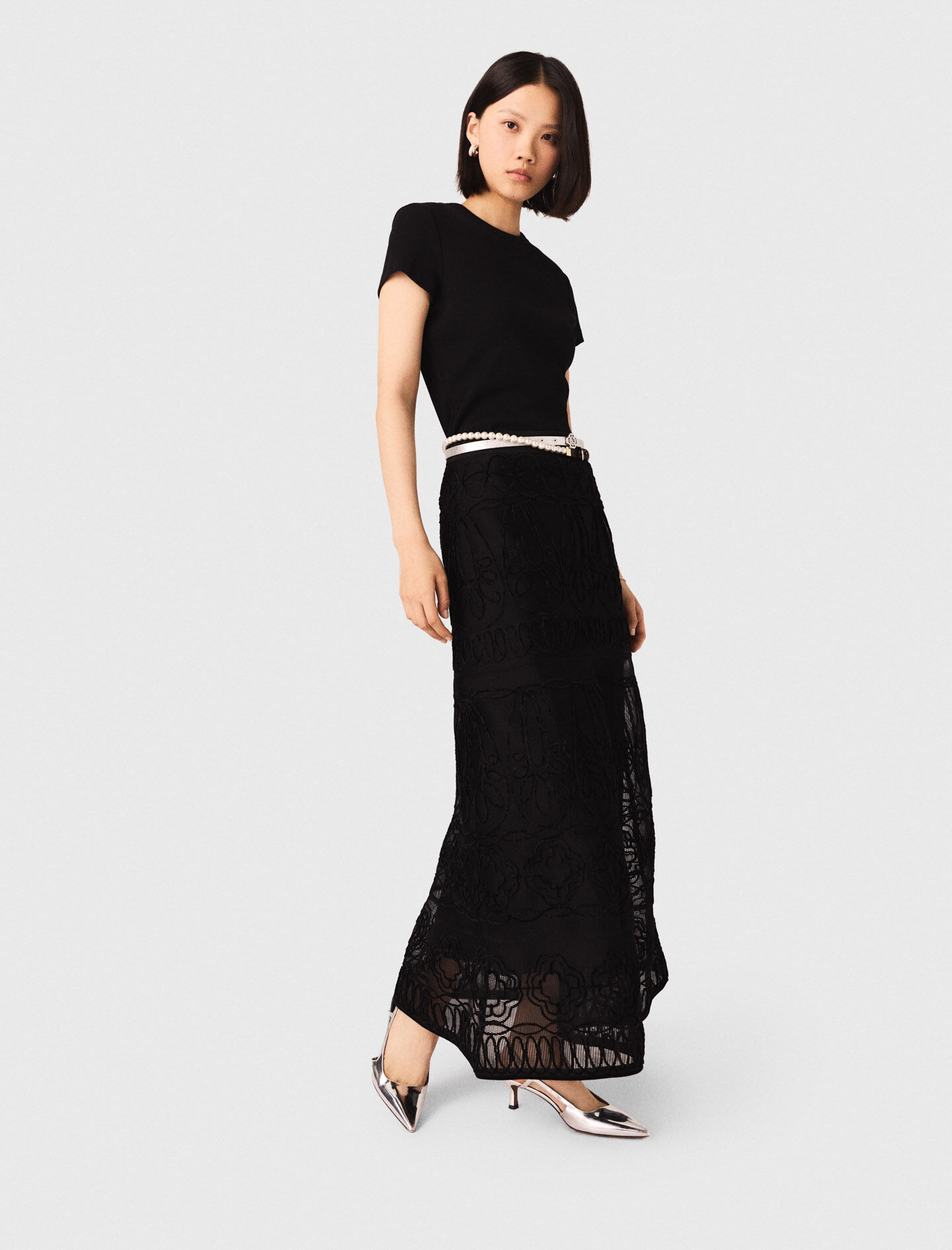 Embroidered basket-weave knit skirt Black / Gray For Women | Maje