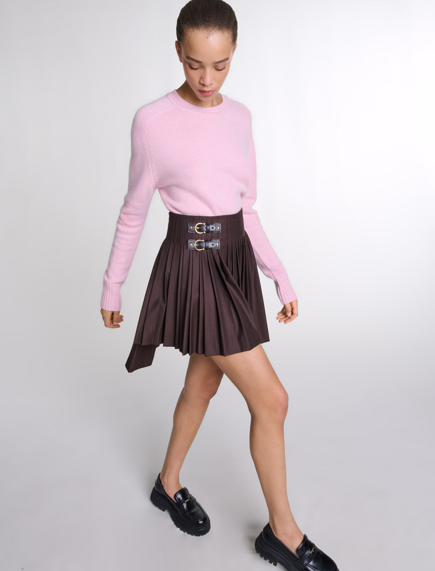 Asymmetrical pleated short skirt Brown For Women | Maje